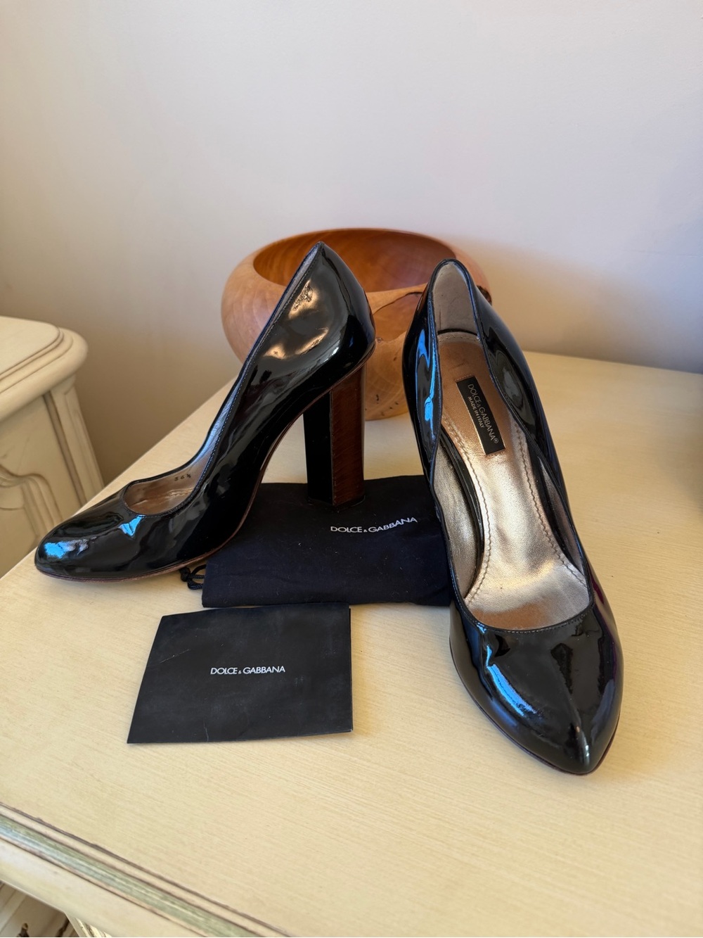 Dolce & Gabbana Black Patent Leather Pointed Toe Block Heels